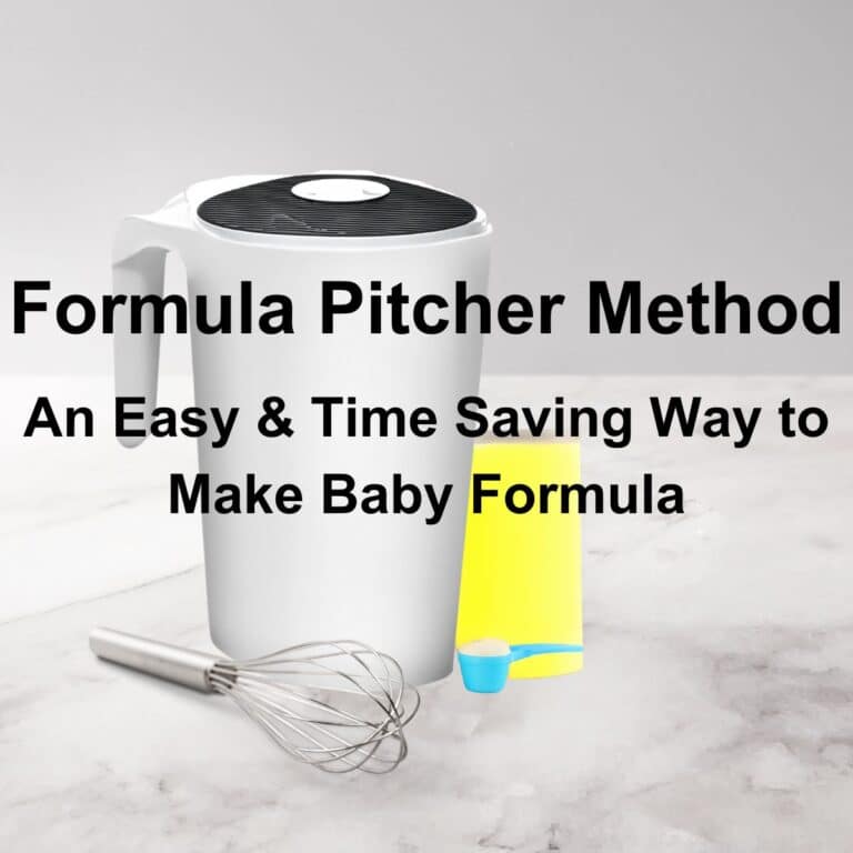 Formula Pitcher Method. Image of a mixing pitcher, baby formula can, and whisk with the words "Formula Pitcher Method: An Easy and Time Saving Way to Make Baby Formula"